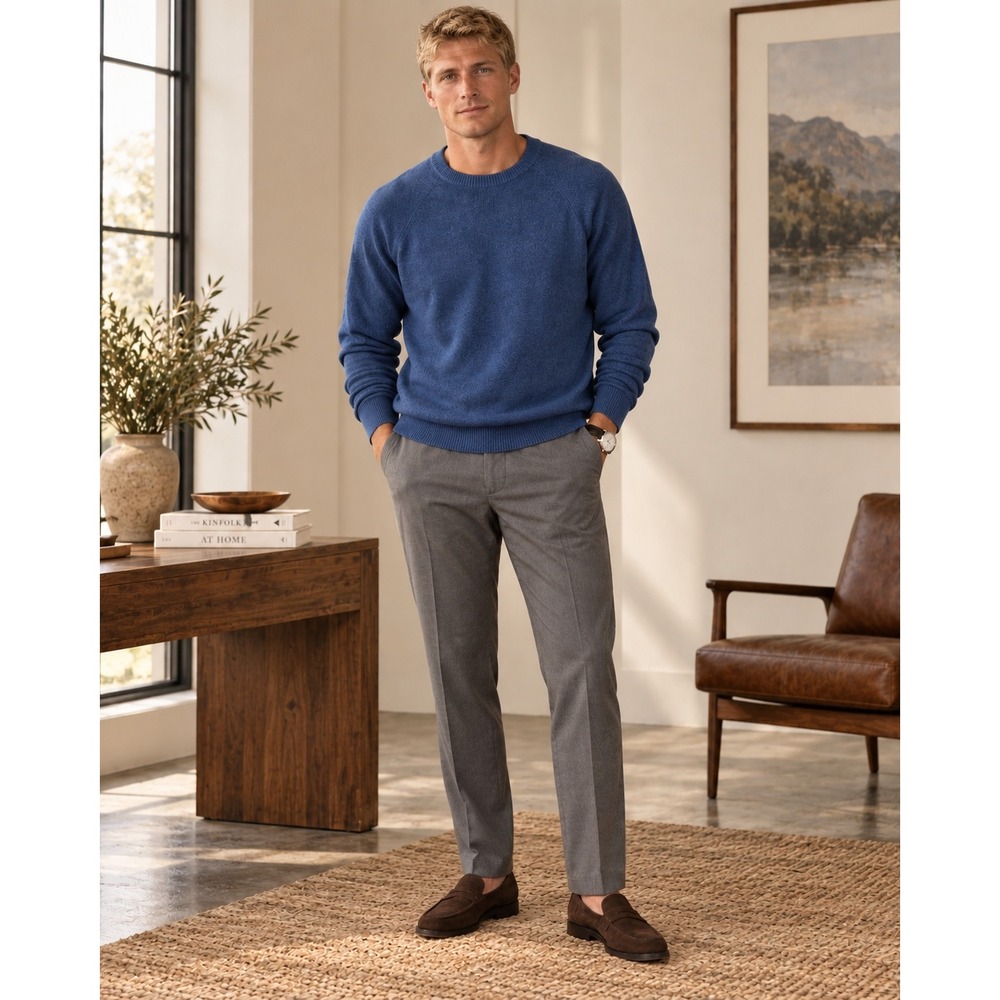 Kinross Cashmere Men's L Blue Cashmere Crewneck Sweater Quiet Luxury